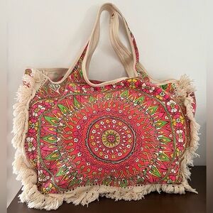 Billabong Cotton Canvas Frayed Tassel Boho Hippie Beachy Shoulder Tote Bag